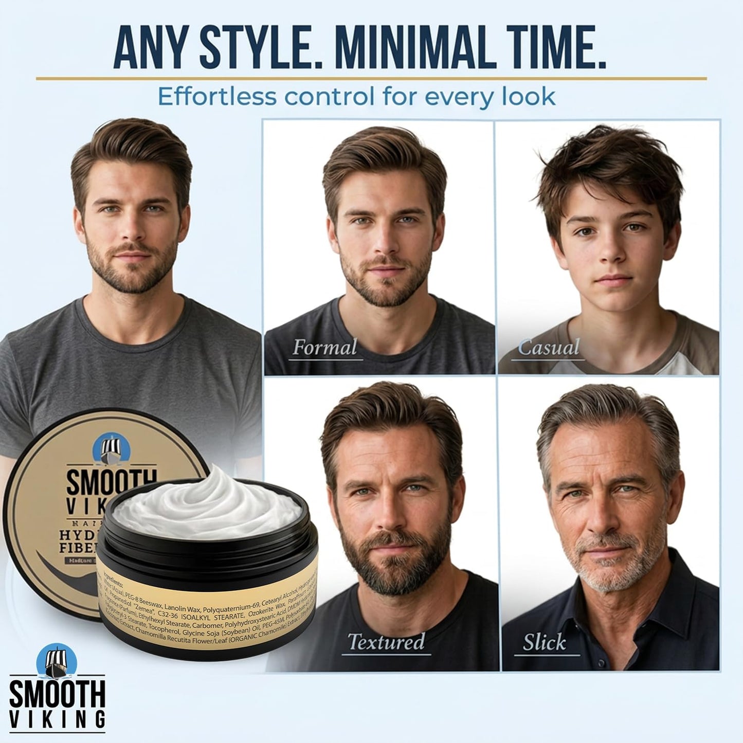 Smooth Viking Hydrating Fiber Cream for Men - Fiber Cream with Medium Hair Hold, Minimal Shine, 2oz - Hair Fibers for Thinning Hair, Flexible Mens Hair Cream for Natural Style