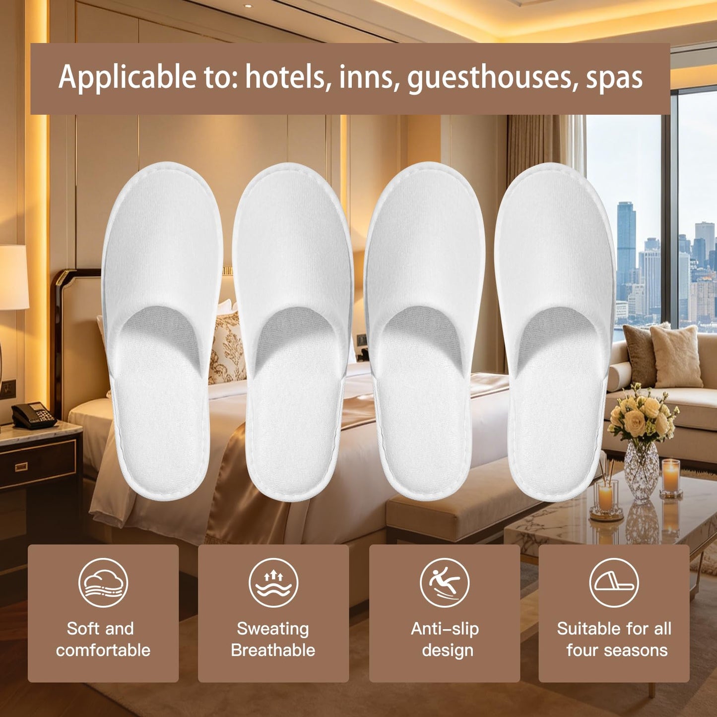 SENJUNSAFE 30Pairs Disposable Slippers For Guests Men's US 10/Women's US 11 Medium Applicable Spa Travel Hotel Slippers Disposable, Individually Wrapped Anti-Slip slippers In Bulk （White）