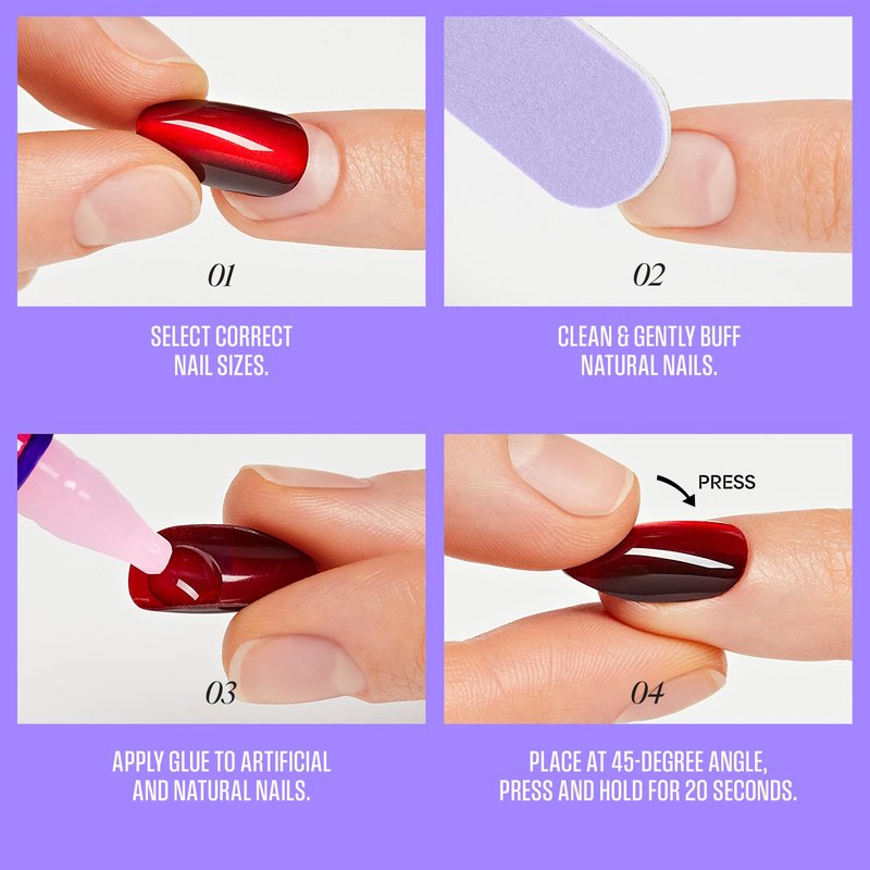 Kiss Core, Press On Nails, Nail glue included, 'Full of Fun', Black, Medium Size, Almond Shape, Includes 32 Nails, 2g Glue, 1 Manicure Stick, 1 Mini File