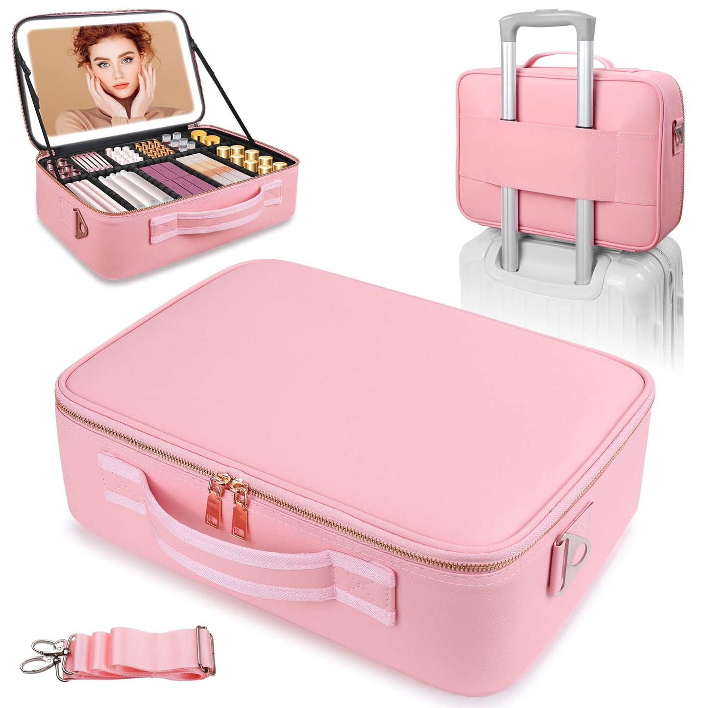 saiggnyy 15"×11" Large Pink Makeup Bag with Mirror, Personal Item Travel Bag with Makeup Mirror 3 Lights, Waterproof Train Case with Mirror and Adjustable Dividers,Professional Lighted Makeup Case