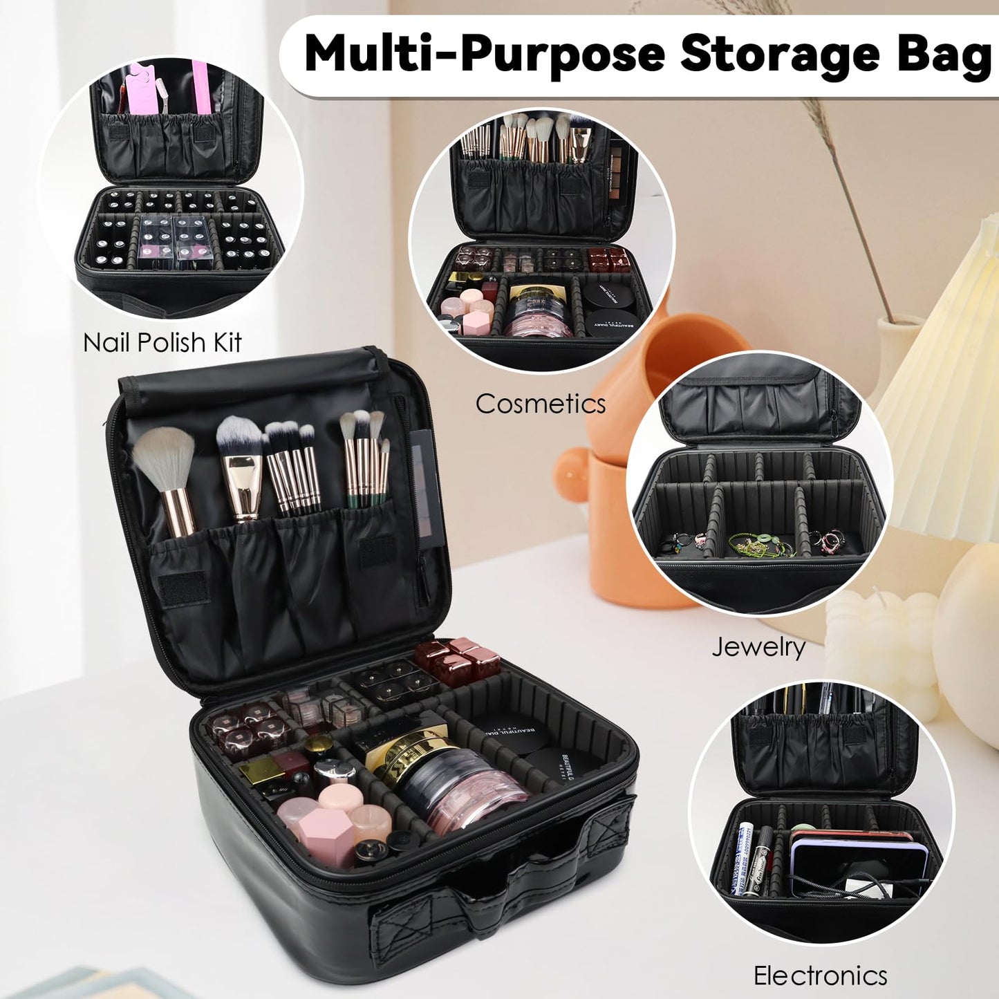 SLUMAZI Travel Makeup Bag Makeup Cosmetic Train Case Organizer Portable Storage Bag with Adjustable Dividers for Cosmetics Makeup Brushes Toiletry Jewelry Black Medium