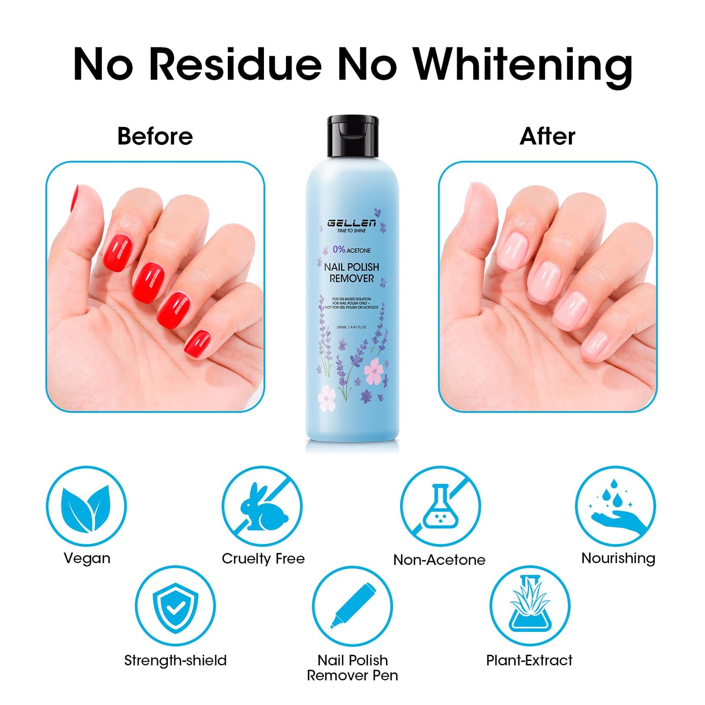 Gellen Nail Polish Remover Set with Corrector Pen, 280ml Ocean Breeze Scent Non-Acetone Nail Polish Remover, Precision Pen with 3 Refill Tips Easy Use | Rapidly Removes Natural and Glitter Nails