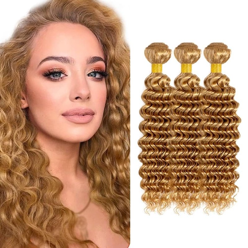 Yubelanis Color 27 Human Hair Bundles 08 10 12 Inch Deep Wave Bundles Human Hair 12A Unprocessed Virgin Raw Quick Weave Hair for Black Women Honey Blonde