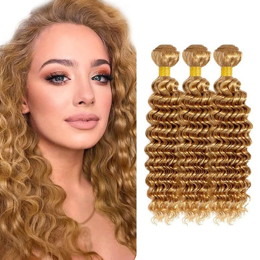 Yubelanis Color 27 Human Hair Bundles 08 10 12 Inch Deep Wave Bundles Human Hair 12A Unprocessed Virgin Raw Quick Weave Hair for Black Women Honey Blonde