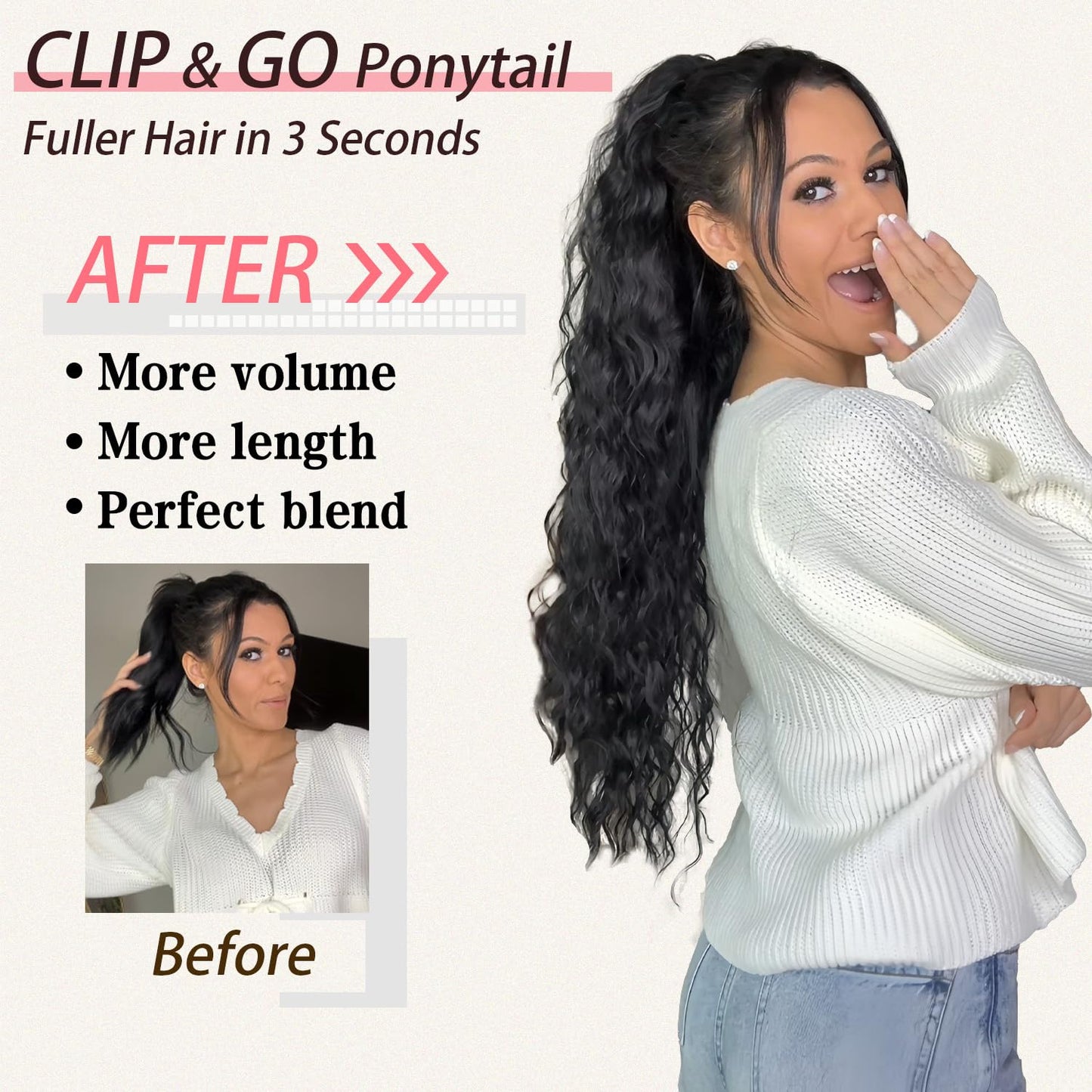ORSUNCER Claw Long Wavy Ponytail Extension Black Brown 30" Curly Pony Tail Clip in Hair Extensions for Women fluffy Natural Looking Synthetic Hairpiece for Daily Use