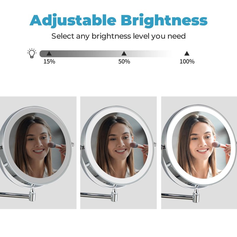 Fab Glass and Mirror Lighted Vanity Wall Mirror 1X/10X Magnifying, 8" Rechargeable 2000mAh Wall Mounted Makeup with 3 Color LED, Double-Sided Bathroom Touch Dimmable 360 Rotation Chrome