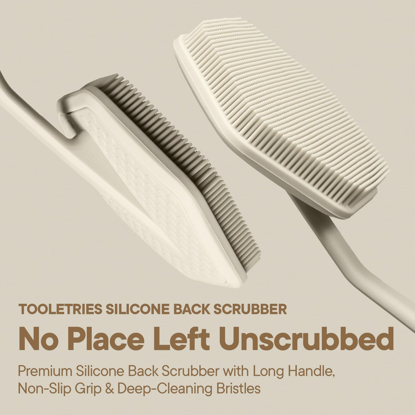 TOOLETRIES Silicone Back Scrubber for Shower, Exfoliating Body & Bath Brush, Long Ergonomic Handle, Non-Slip Grip for Hard-to-Reach Areas, Hygienic Silicone Bath Accessory for Men & Women - Sand
