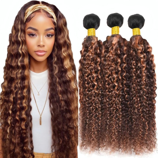 Ombre Brown Highlight Human Hair T1BP4/30 Kinky Curly Human Hair Bundles 8 10 12 Inch 3 Bundles Black Roots Dark Brown Mixed Light Brown 3 Tone Brazilian Virgin Remy Hair Extension for Women