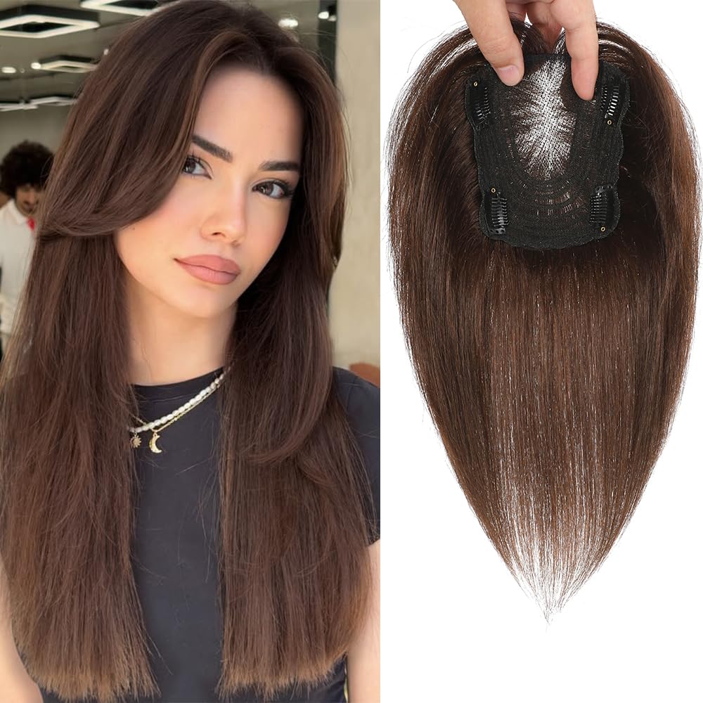 HVVZOY Hair Toppers for Women Real Human Hair, 360° 3D Real Human Hair Toppers for Women with Thinning Hair Clip in Bangs Big Coverage 12 Inch Hairpieces (1B, 3D Wispy Bangs)