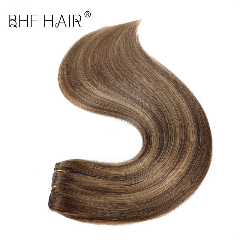 14" Clip in Remy Human Hair Extensions Chocolate Brown to Caramel Blonde Balayage Double Weft Thickness to Ends, 100% Human Hair Extensions for Women, 6 Pieces 70g / 2.45oz.