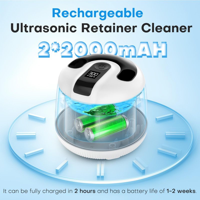 Cordless Ultrasonic Retainer Cleaner Machine, MEKO Rechargeable Denture Cleaner with 4000mAh Battery, 48kHZ, IPX5 Waterproof Dental Pod for Aligner, Braces, Jewelry, Toothbrush Head-White