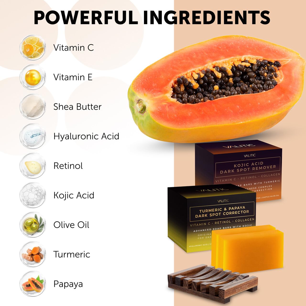 VALITIC Papaya and Turmeric Kojic Acid Soap Bar - Dark Spot Corrector Skin Care Cleansing Bar - Infused with Vitamin C, Hyaluronic Acid - Papaya 2 Pack, Kojic 2 Pack, Holder