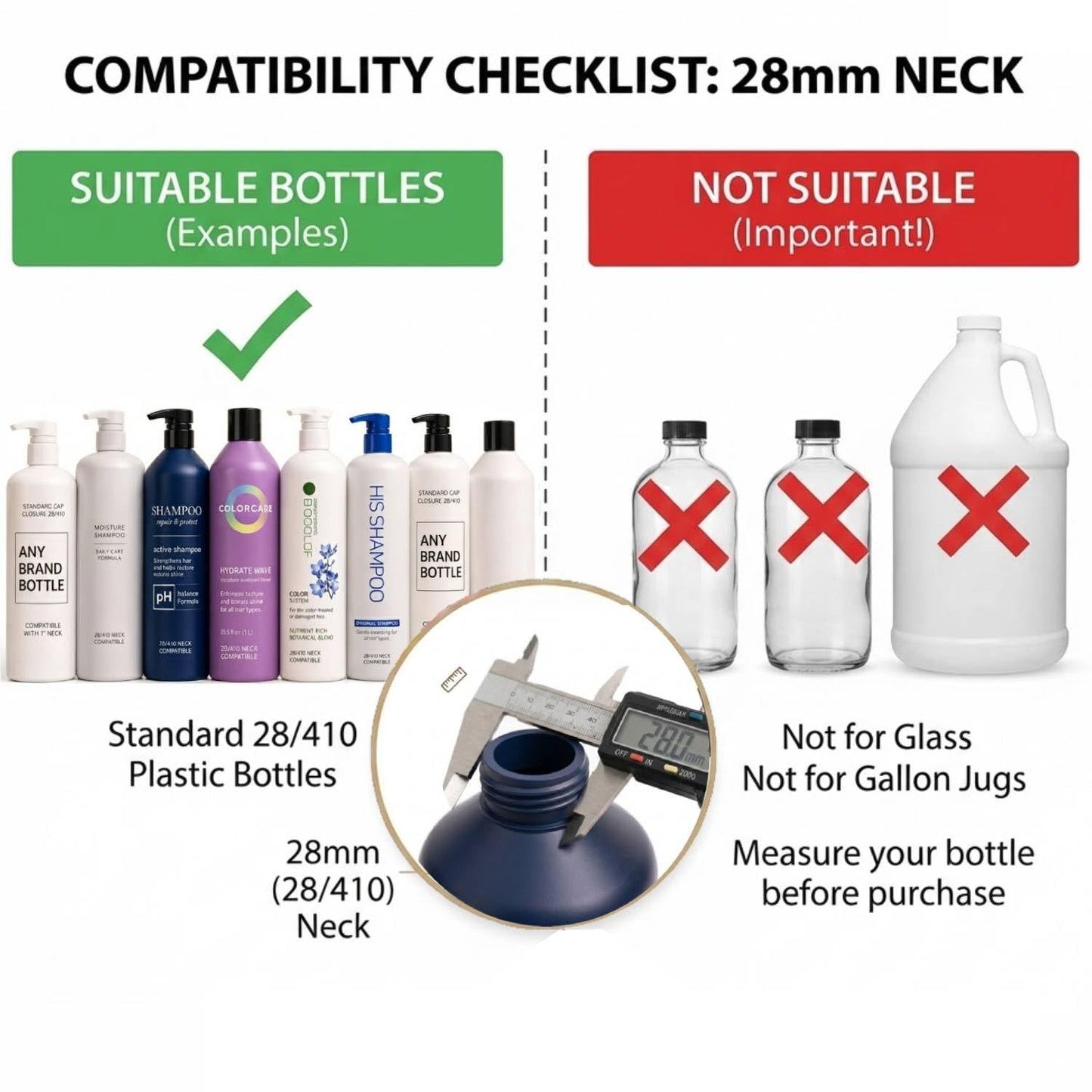 Universal Shampoo/Conditioner Dispenser Pump for Bottles, Leak Proof, Pump Top Fits 1 L/33.8 oz Bottles, 28/410 Neck Size, (Variety Pack of 2)
