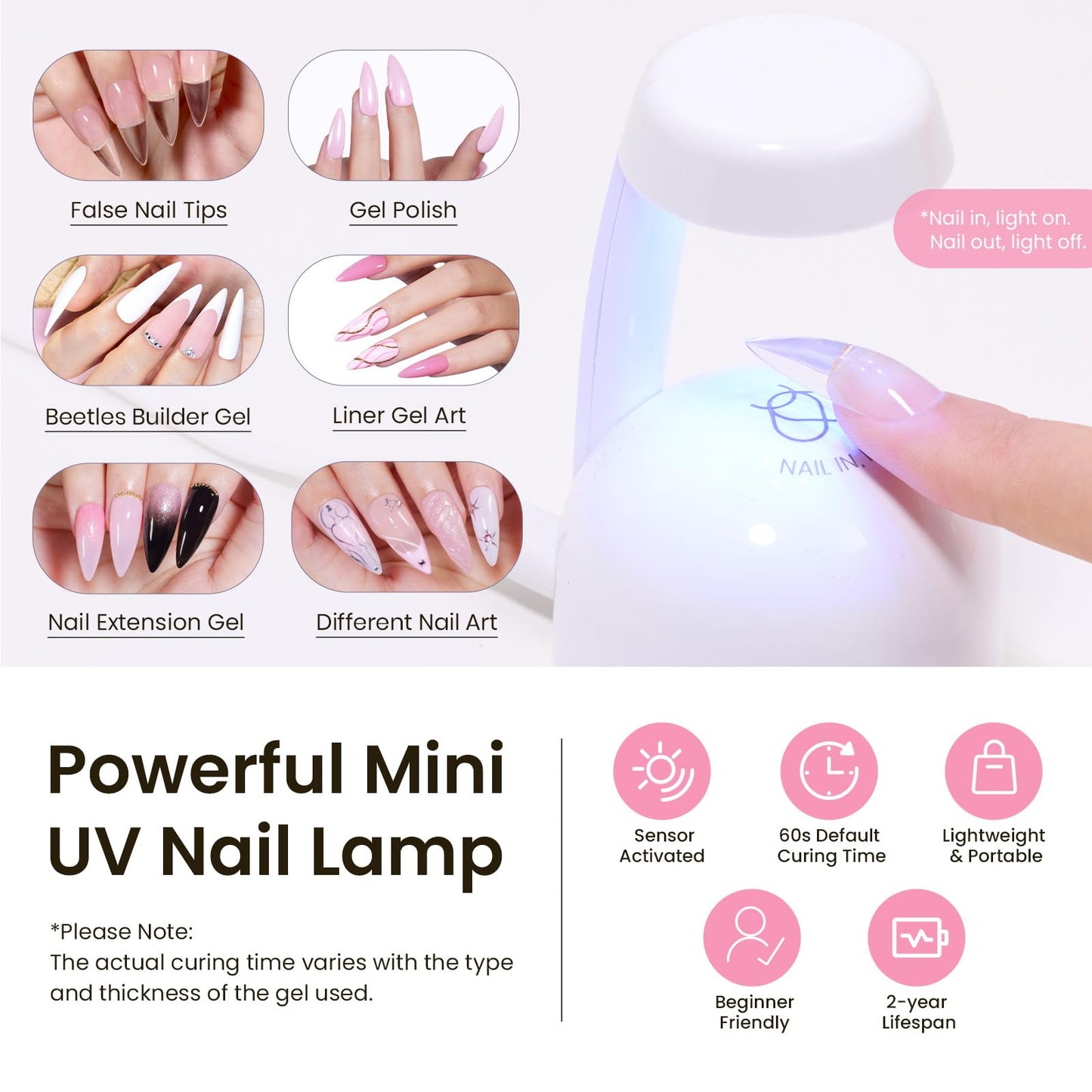 Beetles Tipex Instant Apex Nail Tips Kit, Medium Stiletto, 224PCS 16 Sizes 00-14, No Builder Gel Needed, 20g Solid Nail Glue, Mini UV Lamp