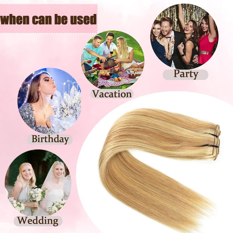 Human Hair Clip-In Extensions - Dark Blonde Highlights, Silky Straight | 14 Inch, 120g, 8pcs Natural Remy Hair