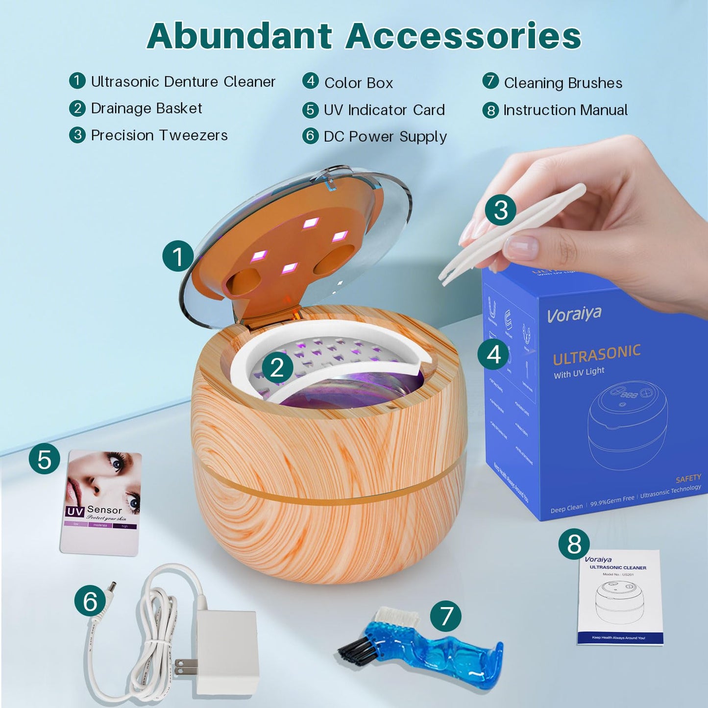 Voraiya Ultrasonic Retainer Cleaner Machine, 360° UV Cleaning Denture Pod, 45kHz Ultrasonic Dental Cleaner Mouth Guard Cleaner for Aligner, Night Guard, Braces, Toothbrush, Jewelry, Ring