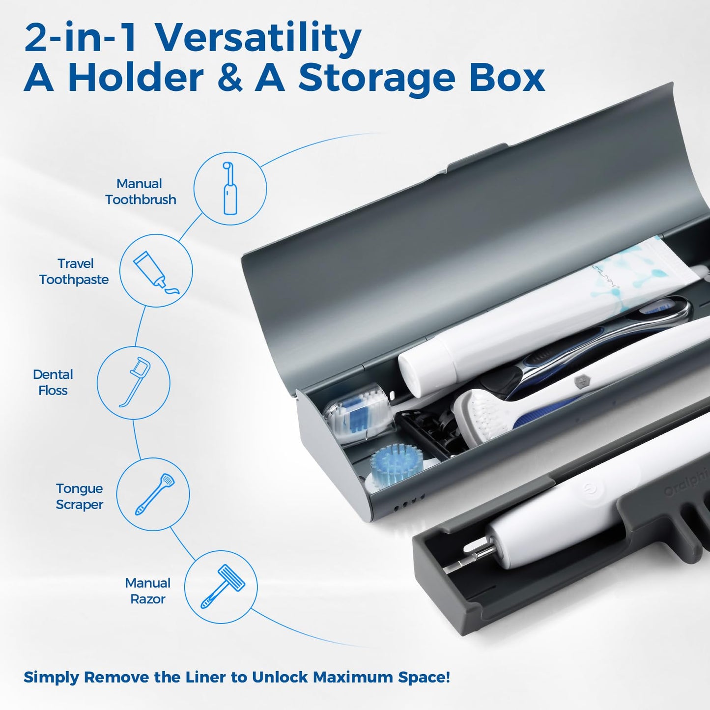 Oralphi Aluminum Electric Toothbrush Travel Case, 2 in 1 Travel Toothbrush Holder for Oral B/Oral-B Pro 1000 1500 5000 7000 and Most Electric Toothbrush for Traveling, Removable Silicone Liner-Grey