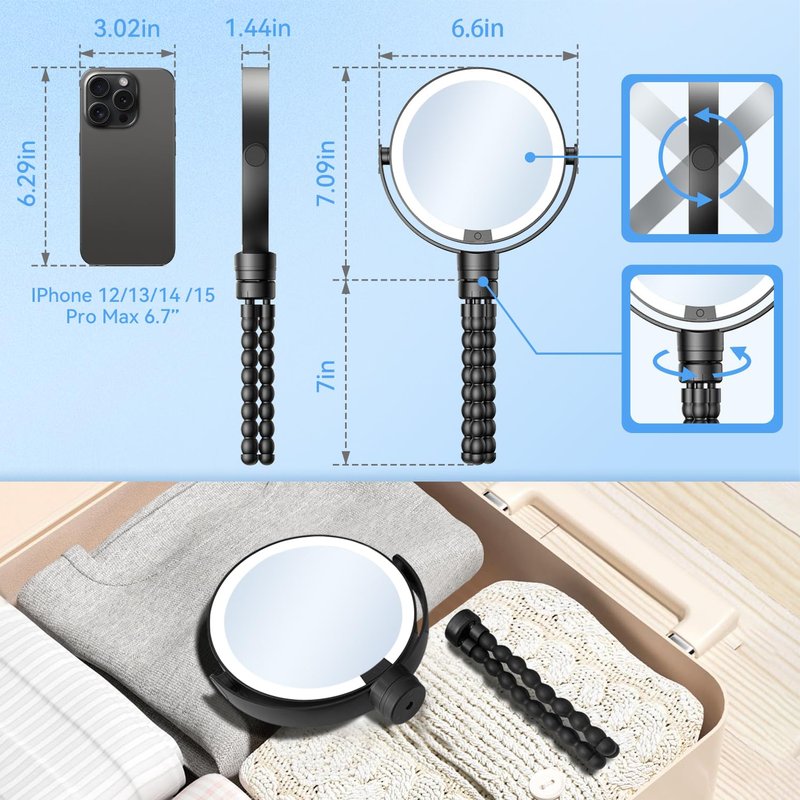 KOOKIN Travel Makeup Mirror with Lights and Magnification 1X/10X, Lighted Makeup Mirror, Rechargeable, 3 Color Lighting, Dimmable, 360° Rotation, Double Sided, Hanging Handheld Mirrors (Black)