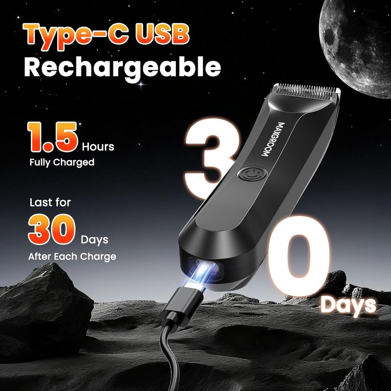 MAXGROOM Body Hair Trimmer for Men - IPX7 Waterproof Electric Shaver with LED Light & Ceramic Blade | USB Rechargeable