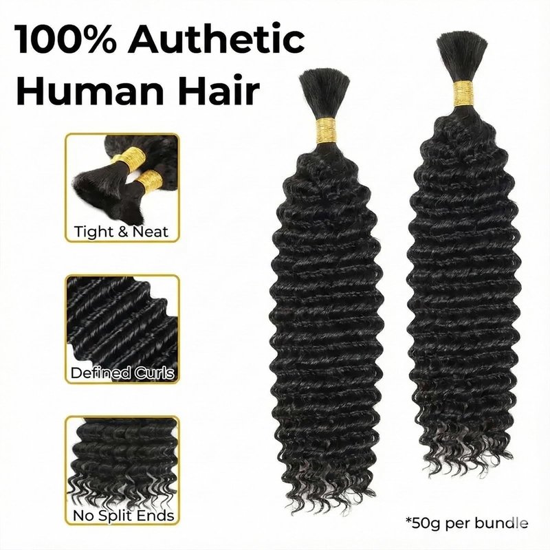 Wequeen 16A Human Braiding Hair Deep Wave 100g 20 Inch 2 Bundles/Pack 100% Unprocessed Brazilian Virgin Hair No Weft Bulk Human Hair for Braiding Curly Hair Extensions for Boho Braids,Natural Black