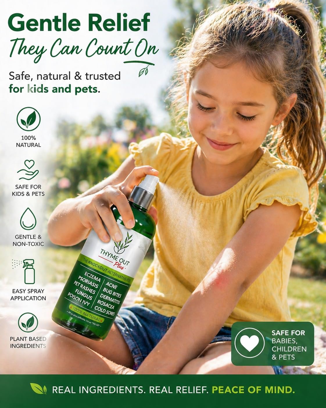 Thyme Out Plus Natural Skin Relief Spray for Eczema, Acne, Bug Bites & Irritated Skin – Safe for Babies, Kids & Pets – Gentle Non-Toxic Face & Body Mist with Organic Thyme + Oat Support