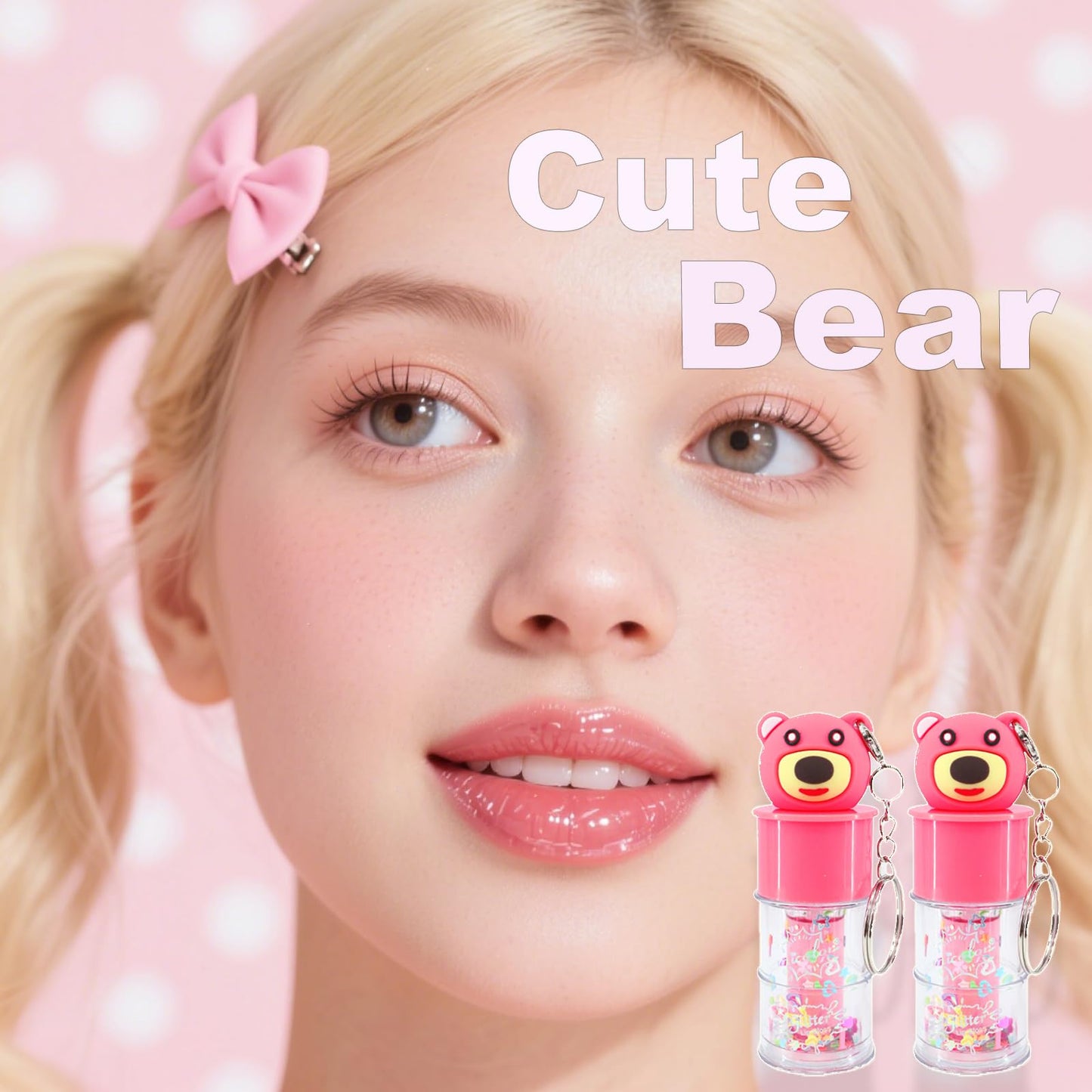 DENESTUP 6 Pcs Hydrating Lip Gloss Set, Shimmer Glossy Moisturizing Lip Jelly Sequins and Sparkles Lip Make-Up for Women Party Gift Cute Bear Keychain Design