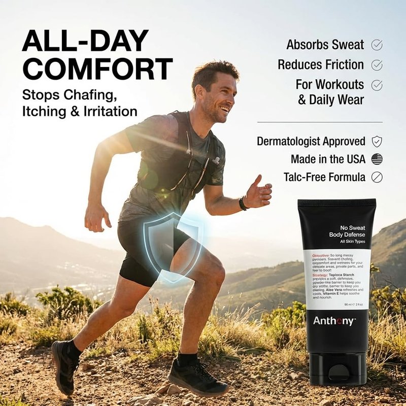 Anthony No Sweat Body Defense Deodorant for Men, Anti-Chafing & Anti-Itch Cream-to-Powder Lotion for Groin, Thighs & Underarms, Talc-Free, Absorbs Moisture, Sweat & Odor Control, 3 fl oz