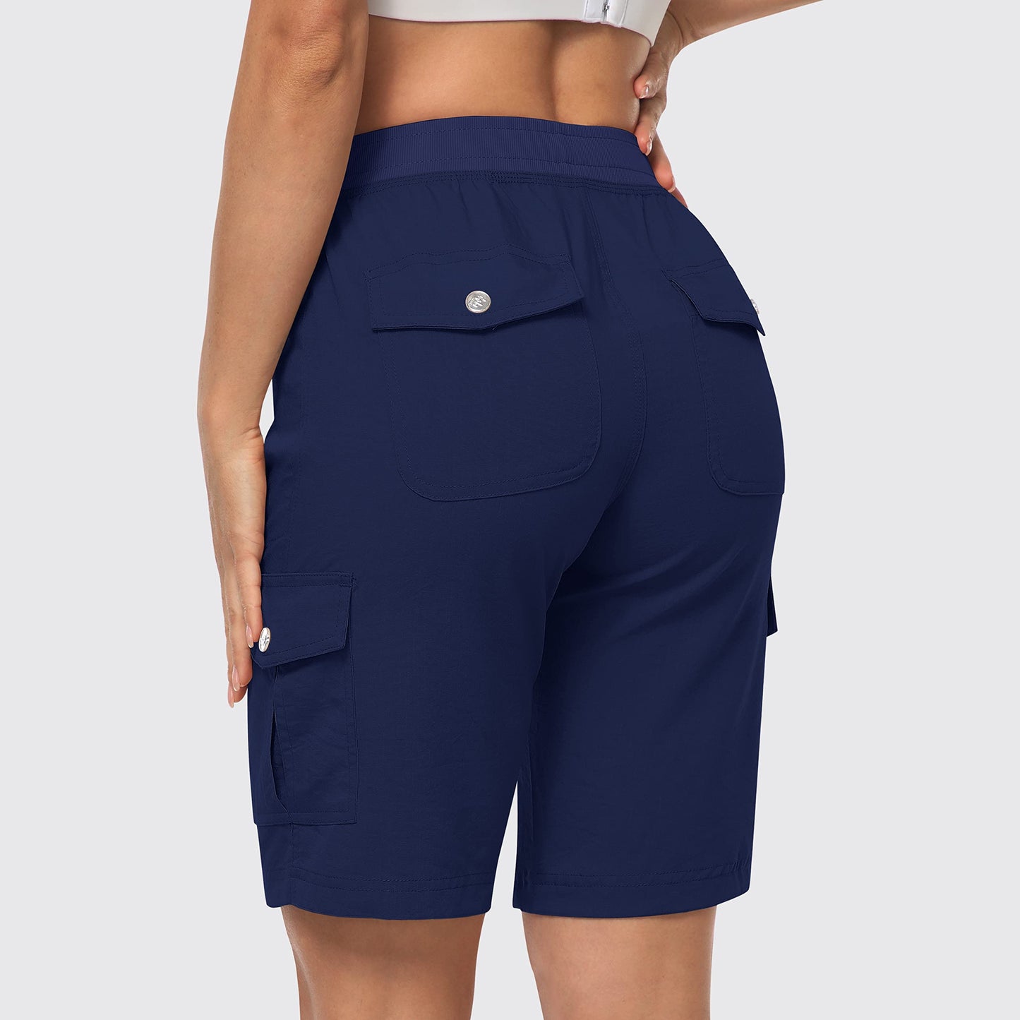 MoFiz Women's 10" Hiking Cargo Shorts Stretch Active Running Long Shorts Quick Dry Outdoor Running Summer Shorts with Pockets Navy L