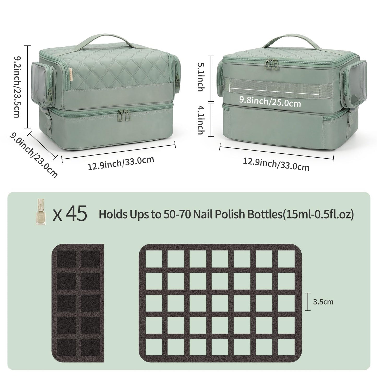 OCHEAL Nail Polish Organizer, Holds Nail Lamp and 45+ Bottles 2-in-1 Nail Polish Storage Case,Detachable Nail Techs Gel Kit Supplies Carring Bag for Manicurist Tools 45-Slot Nail Holder-Green