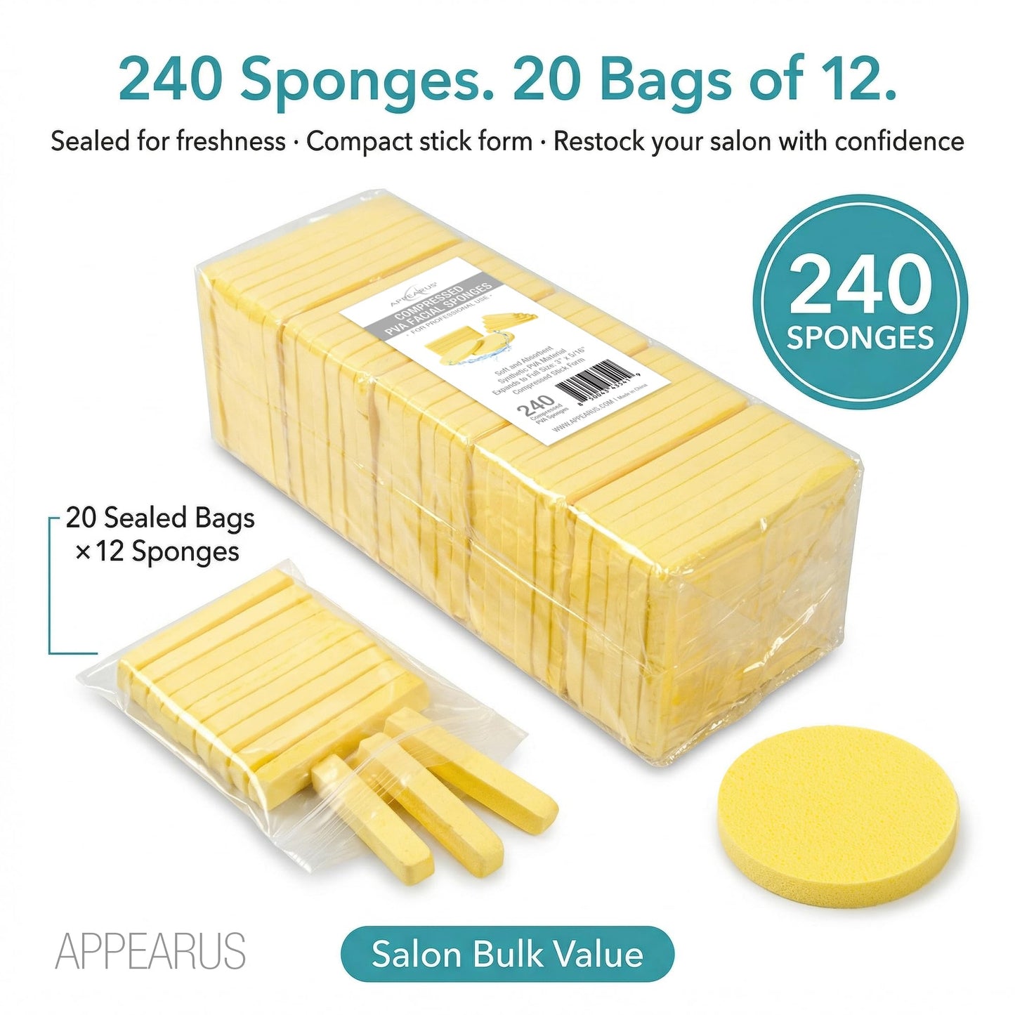 Appearus Compressed PVA Disposable Facial Sponges, Esthetician, 240 Count