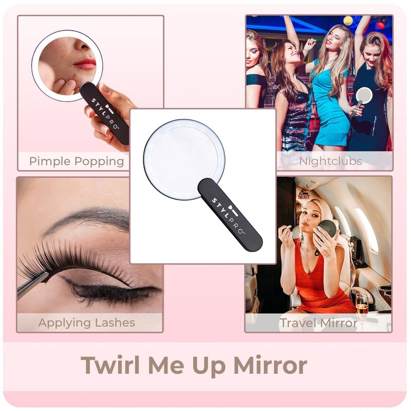 StylPro Twirl Me Up LED Hand Held Compact Makeup Mirror - Lightweight, USB Rechargeable - Rotating Handle Perfect for Selfies - 1 pc