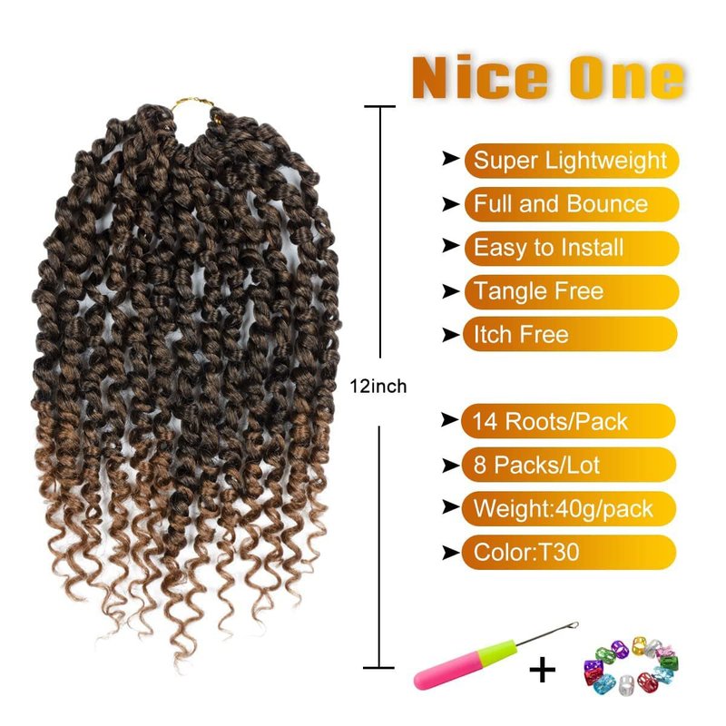 Nice One Pre-Twisted Passion Twist Hair 12 Inch, 112 Strands Short Passion Twist Crochet Hair for Women 8 Packs Ombre Brown Pre-Looped Passion Twists Braiding Synthetic Hair Extensions (12inch,T30#)