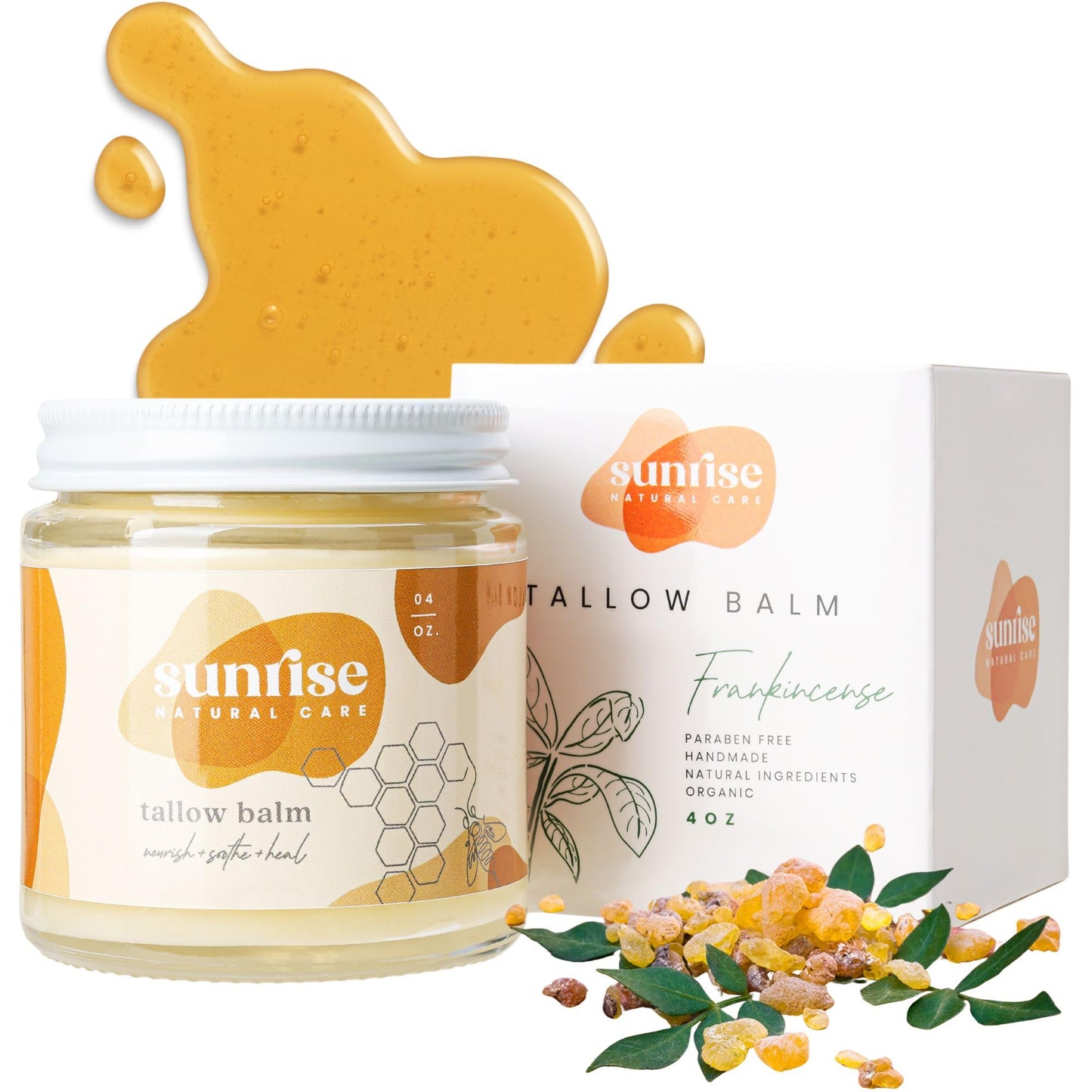 Sunrise Natural Care Unwhipped Honey and Tallow Balm - Body and Face Moisturizer - 100% Grass Fed Beef Tallow - 4 ounces - Frankincense