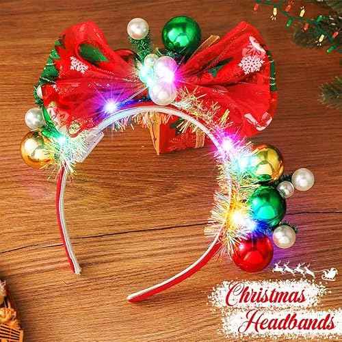 Latious Light Up Christmas Balls Headband LED Xmas Bow HairBand Glow Santa Bowknot Hair Hoop Holiday Costume Hair Accessories for Women and Girls