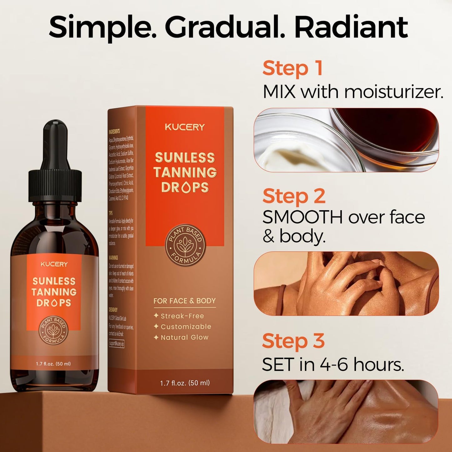 KUCERY Plant-Based Sunless Tanning Drops for Face & Body | Customizable Streak-Free Bronzing Serum with Natural Botanical Ingredients, Buildable Self-Tan Glow, 1.7 fl oz (50ml)