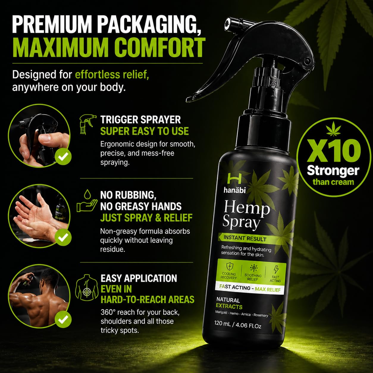 Hanábi Premium Hemp Spray | Maximum Strength 10,000mg Hemp Oil Infused | Better Than Hemp Cream | GMO Free | Hemp Seeds Oil, Calendula, Lavender & Arnica | Organic & Vegan Relife - 4.1 Oz
