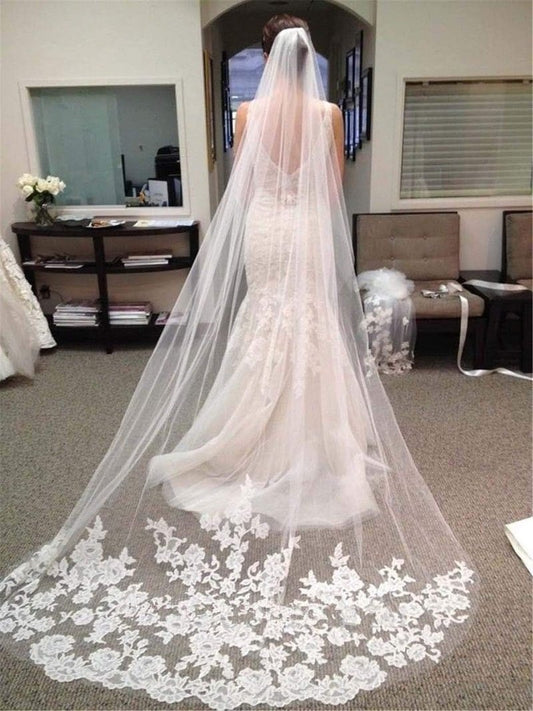 Cathedral Wedding Veil - Long Bridal Lace Tulle Hair Accessory with Comb | Floral 118-Inch Headpiece