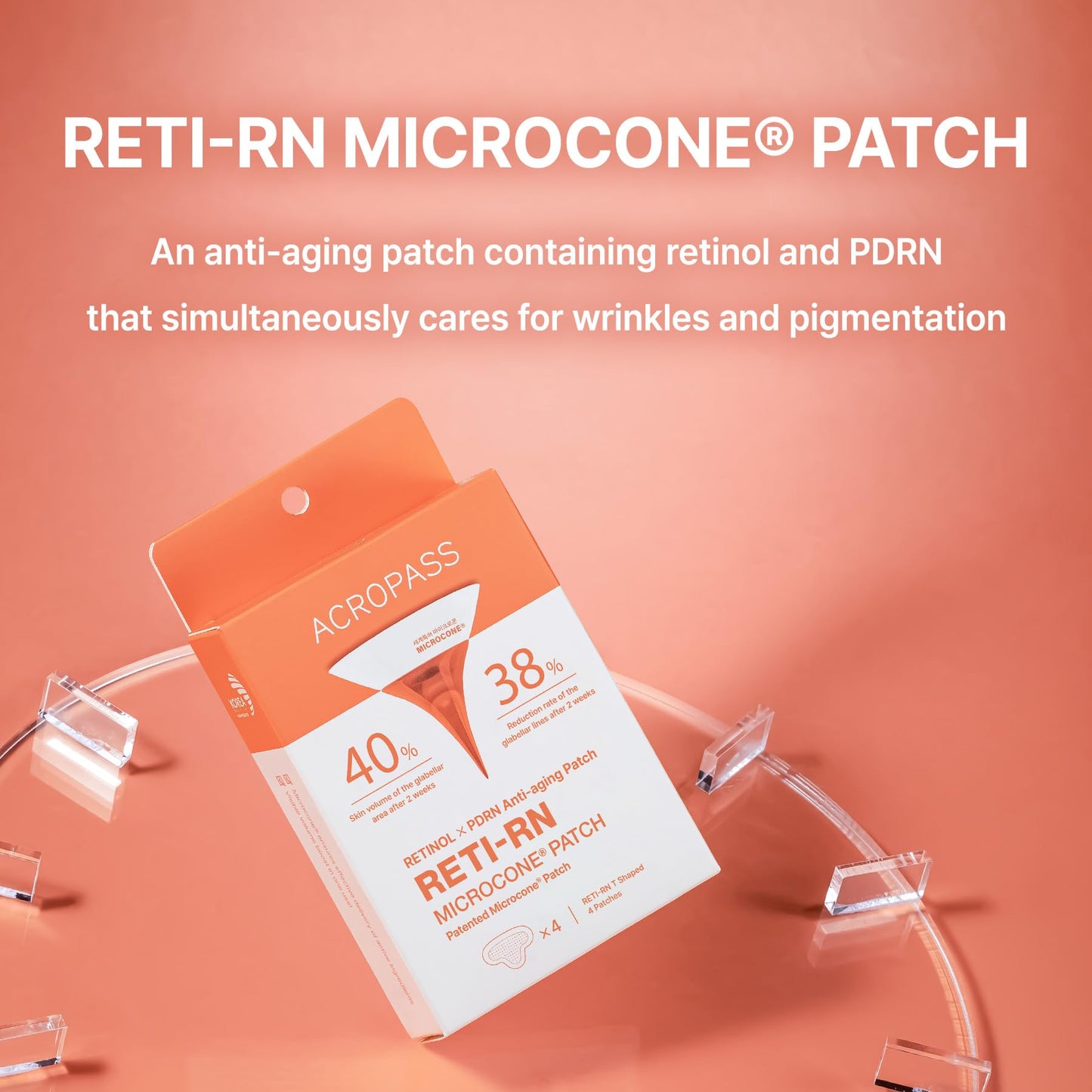 Wrinkle Patches ACROPASS RETI-RN Microcone, Deep Wrinkle, PDRN 10,000 ppm, Retinol 3,300 IU/g, Hyaluronic Acid, Anti-Aging (T shape, 4 Count)