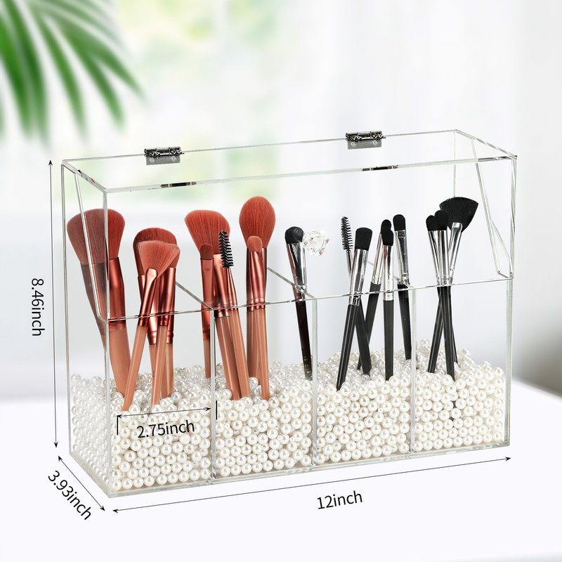 Vevitts Acrylic Makeup Organizer, Clear Cosmetic Brush Storage Box With 4 Brush Holders (Pearl not included),Makeup Brush Holder with Dust Cover, Large-capacity Split Design Organize the Desktop