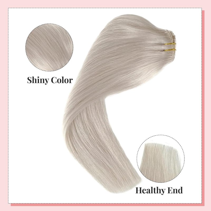 Clip In Hair Extensions - Ice White Virgin Remy Human Hair | 16 Inch, 7pcs, 70g Straight Hairpieces for Thinning Hair