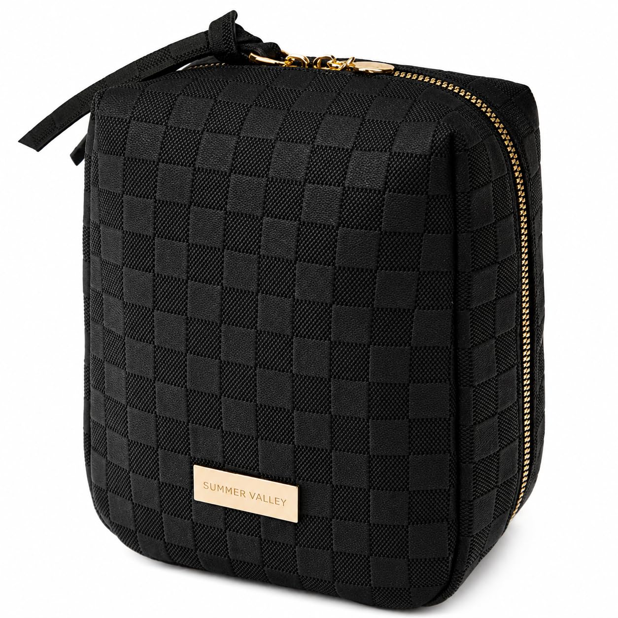 YDR Checkered Makeup Bag for Women, Travel Cosmetic Bag with Handle, Portable Makeup Organizer Pouch, PU Leather Toiletry Bag for Purse, Daily Use and Travel, Checkerboard