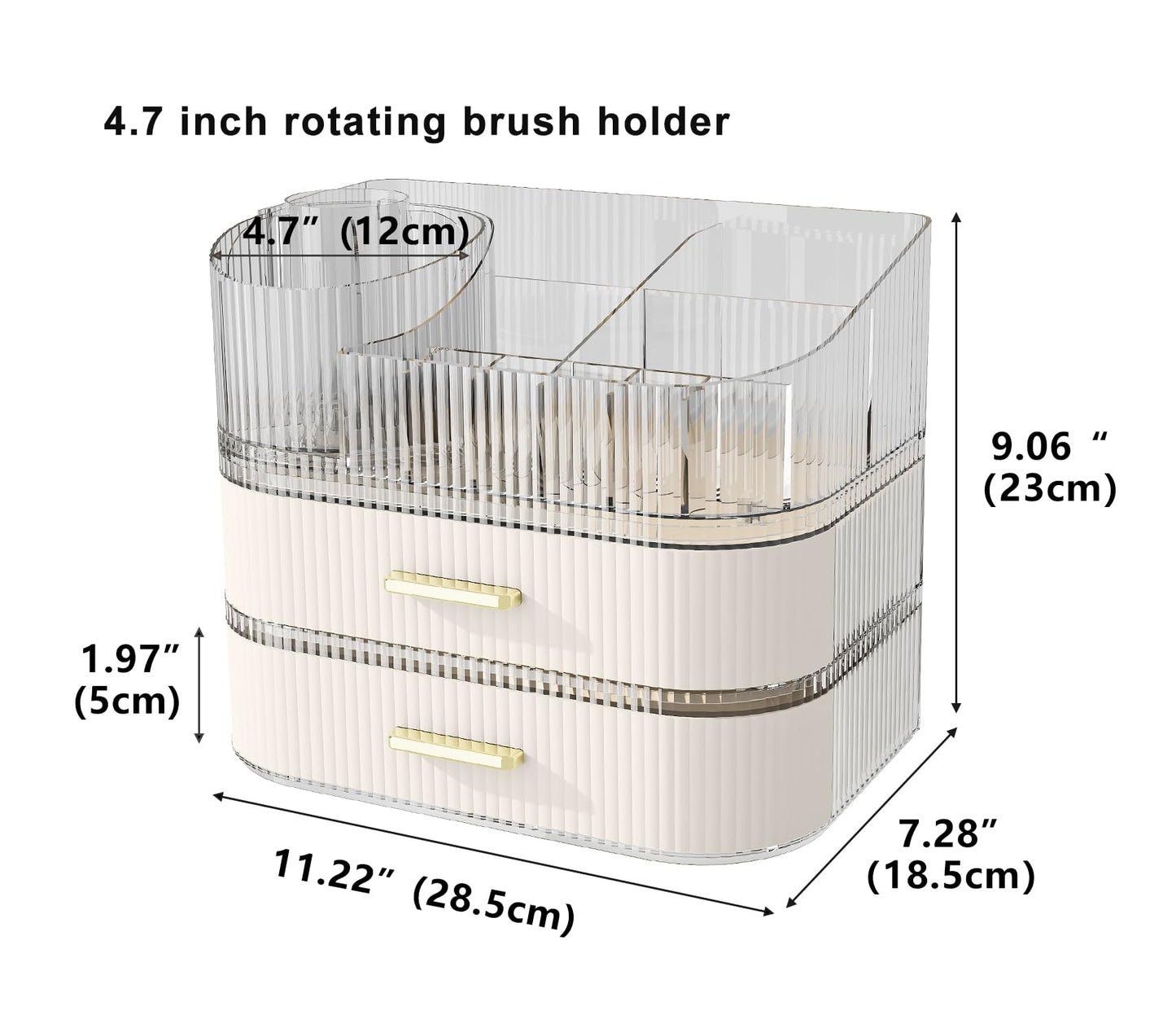 Makeup Organizer with Stackable Drawer, 360 Rotating Makeup Brush Holder, 11-inch Wide Large Cosmetic Display Case, Skincare Organizers and Storage for Vanity, Bathroom Countertop (1 Tray + 2 Drawer)