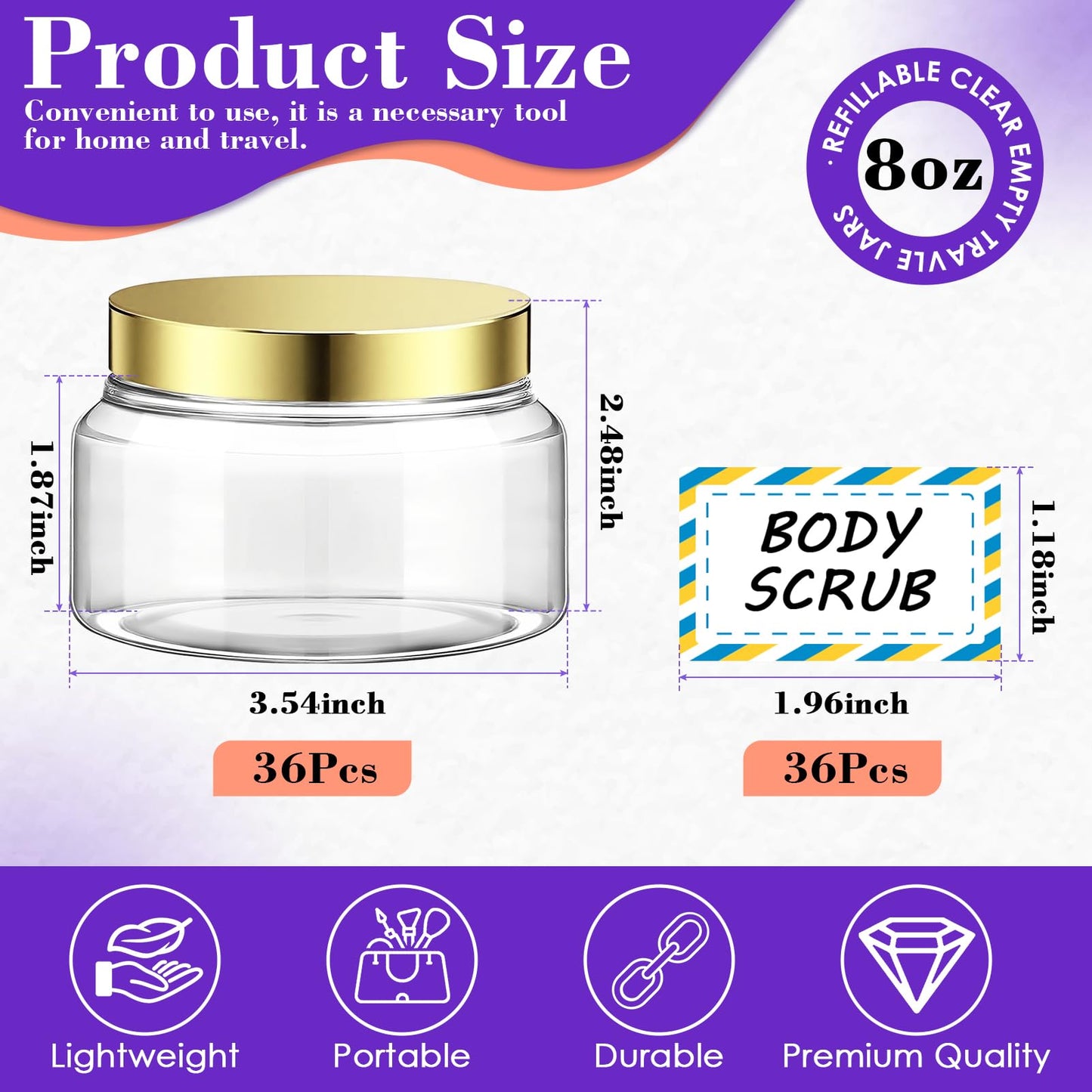 AMORIX 36 Pack Rose Gold 8 oz Plastic Cosmetic Containers With Lids