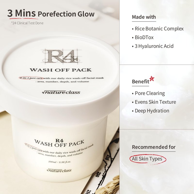 NATURECLASS R4 Rice Wash Off Facial Mask – 4-in-1 Korean Skin Care, Pore Refining, Gentle Exfoliating, Hydrating, Smooth Texture, Rice Ferment & Enzyme, Soft Cream Wash-Off, 3.38 fl oz