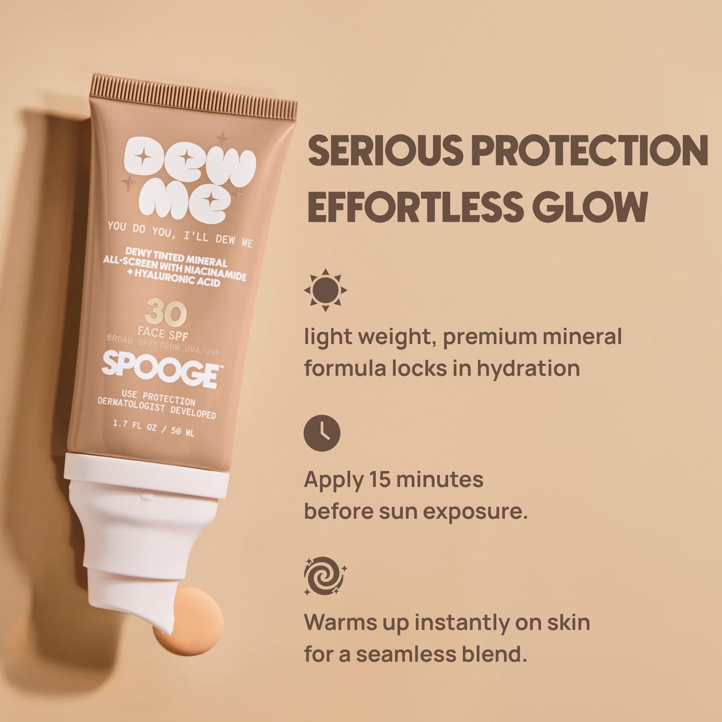 Spooge Dew Me | Tinted Mineral Sunscreen SPF 30 | Zinc Oxide Sunblock | Tinted Sunscreen For Face & Body | Golden Glow Dewy Finish | Dermatologist Developed Formula | Reef Safe Sunblock | 1.7oz