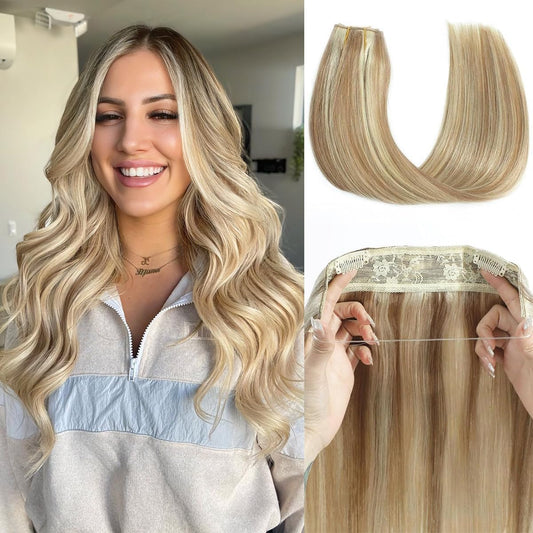 Tinashe Wire Hair Extensions Real Human Hair Straight Hair Extensions 14inch 80g Light Blonde Highlighted Golden Blonde Invisible Wire Fish Line Straight Human Hair Extension
