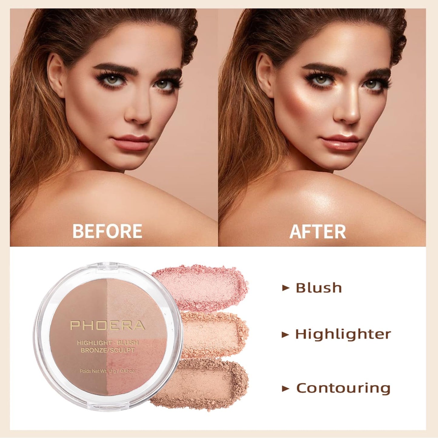 PHOERA Contour Palette,Shades with Highlighter & Bronzer & Blush,Non-greasy and Waterproof Contouring Makeup,Easy to Sculpt the Face with Lightweight Makeup (#004)