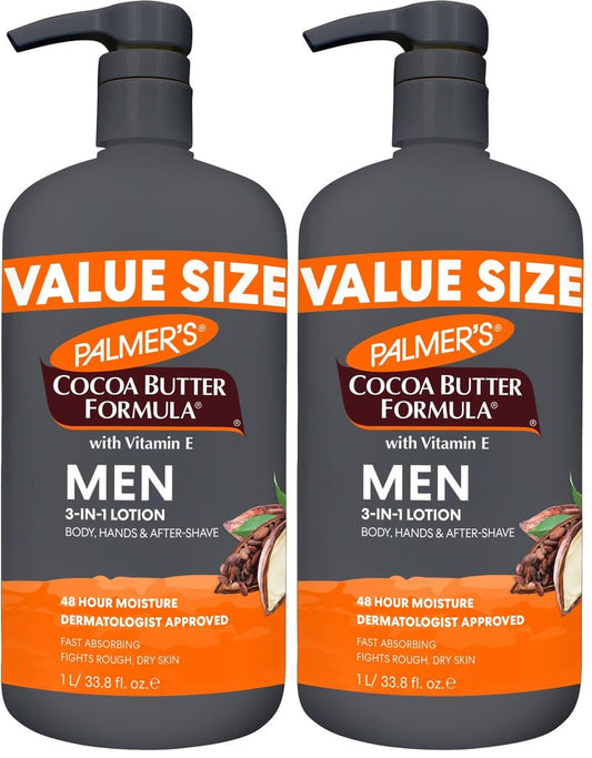 Palmer's Cocoa Butter Formula Men's Face Moisturizer&Body Lotion for Dry Skin,33.8oz,3-in-1Fast Absorbing Lotion for Men,48Hr Hydration with Vitamin E,Soothes Dryness,Dermatologist Approved(Pack of 2)