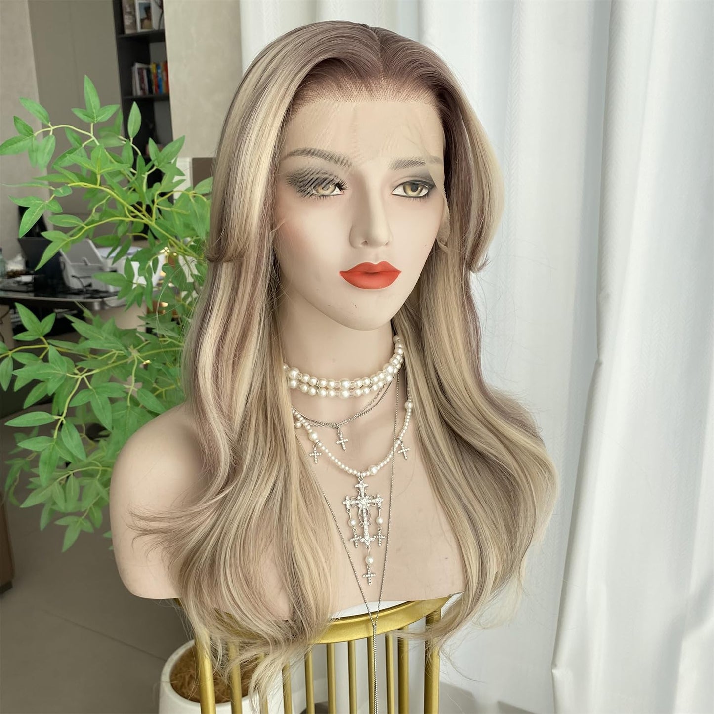 VASTCURY Ash Blonde and Light Brown wigs Highlight with Curtain Bangs 13x4 Lace Front Wig Long Wavy Synthetic Fiber 20Inch Pre Plucked Hairline for Women