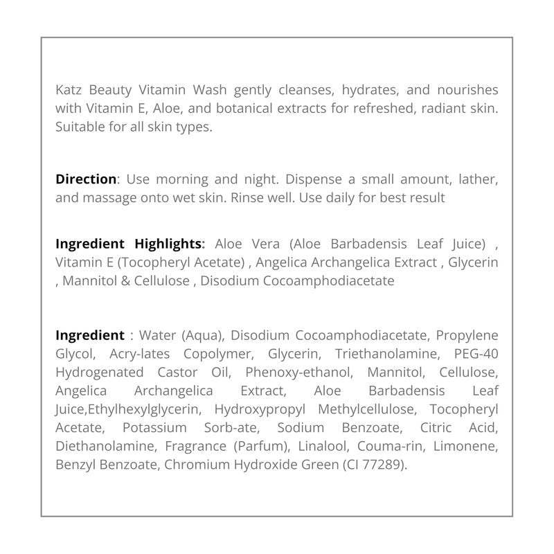 Katz Beauty Vitamin Wash, 5 fl oz - Gentle Face Cleanser with Aloe, Angelica Root & Vitamin E for Sensitive, Oily & Dry Skin, Travel-Size Hydrating Wash
